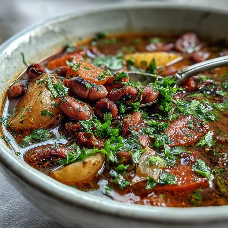 Hearty vegetarian Black-Eyed Pea Stew with Chefs Touch ladled into a rustic bowl with diced potatoes.