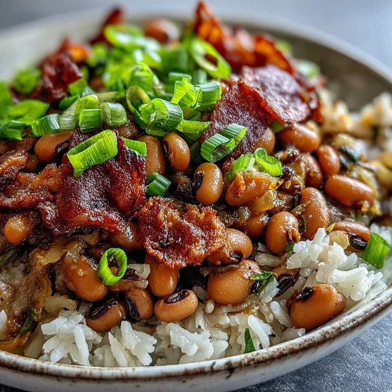 Southern Hoppin John with tender black-eyed peas and crispy bacon, ready to serve over rice for a traditional New Year's meal.