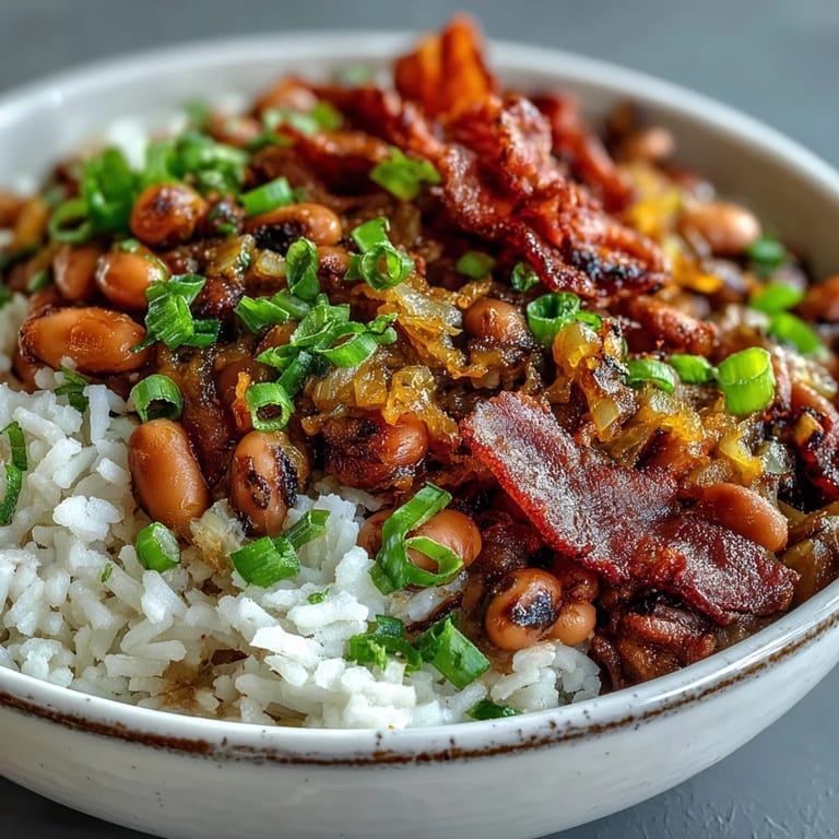 A rustic bowl of Hoppin John with black-eyed peas, savory bacon, and sliced scallions, perfect with a side of collard greens.