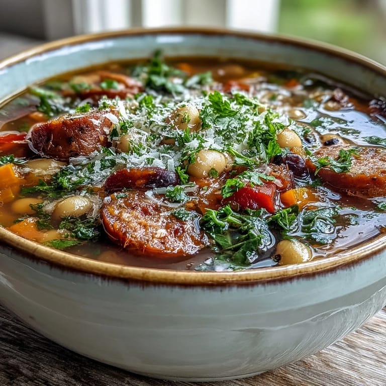 Cozy pot of Black-Eyed Peas and Sausage Soup served with crusty bread on a side plate.