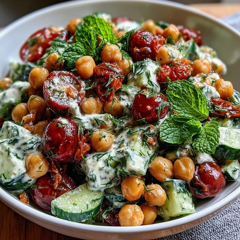 Healthy Easy Cucumber Chickpea Salad with Lemon Vinaigrette: Colorful cucumber, cherry tomatoes, and chickpeas tossed in tangy lemon dressing—perfect for light lunches or sides.