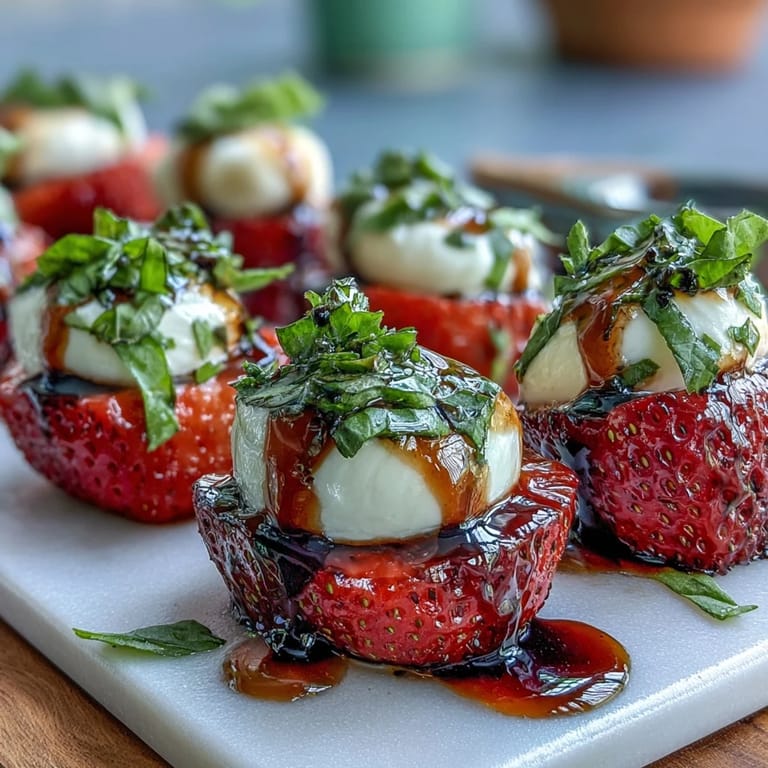 Colorful strawberry and mozzarella skewers with fresh basil leaves, finished with tangy balsamic drizzle, ideal for easy appetizers.