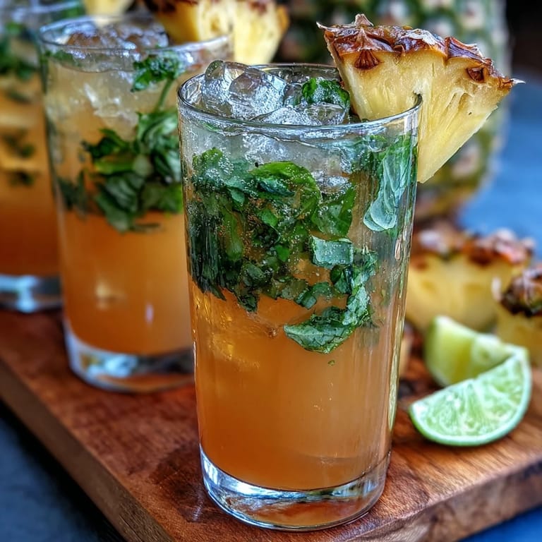 Refreshing pineapple basil agua fresca served over ice, showcasing bright golden color and herbal aroma.