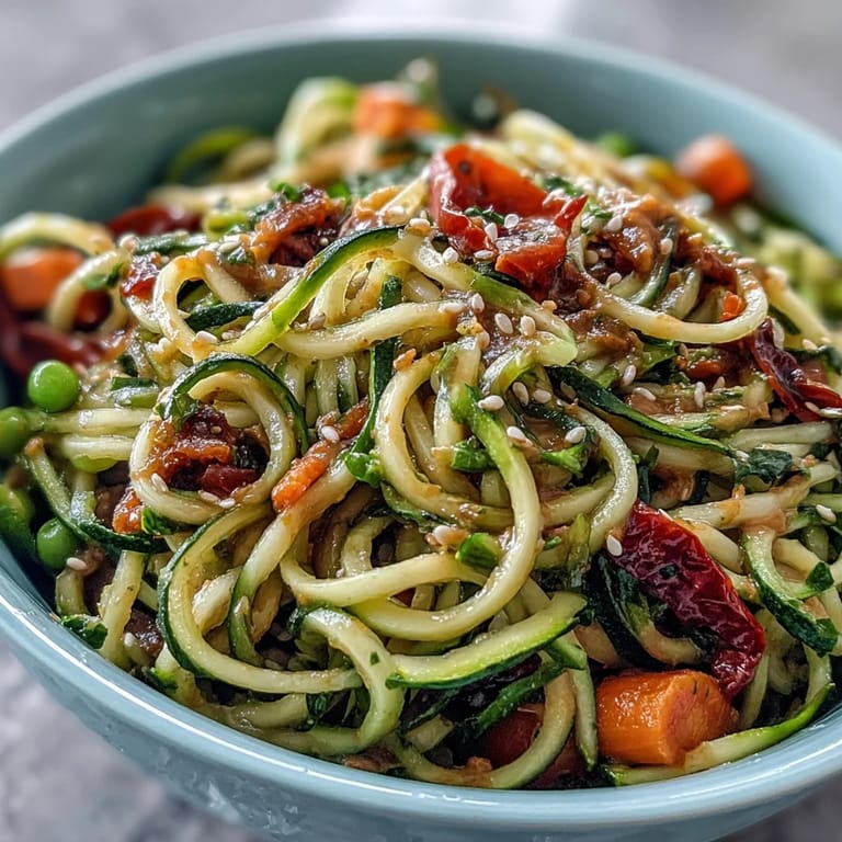 Creamy peanut sauce coats colorful zucchini noodles and crisp vegetables in this Healthy Easy Zucchini Noodle Stir-Fry, garnished with crunchy roasted peanuts.