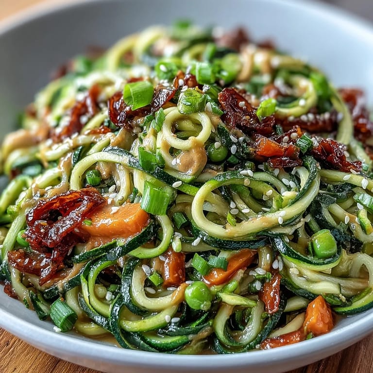 Fresh spiralized zucchini noodles tossed with bell peppers and snap peas in a tangy peanut sauce, creating a Healthy Easy Zucchini Noodle Stir-Fry perfect for quick meals.