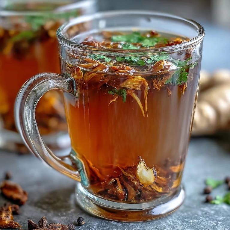 Golden herbal tea featuring roasted dandelion root, fresh ginger, and turmeric, served in a clear glass mug.