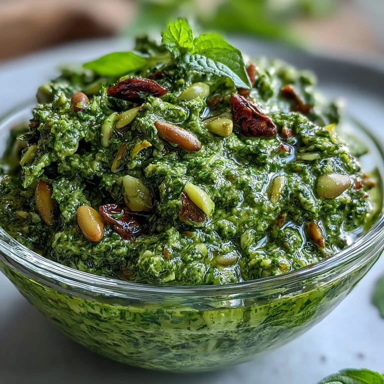 Bright green dandelion pesto with garlic and pine nuts, perfect for spreading on crusty bread or tossing with fresh vegetables.
