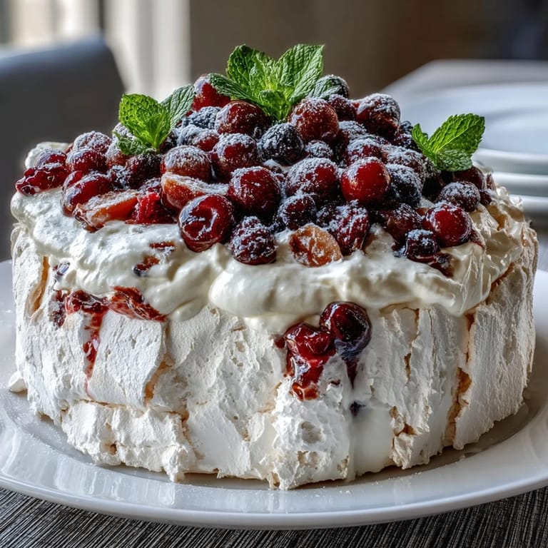 Festive Mothers Day Pavlova featuring fresh strawberries, raspberries, and blueberries on fluffy whipped cream.