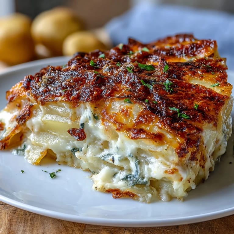 Rich, cheesy scalloped potatoes with caramelized onion, baked to a golden crust and served as a hearty side dish.