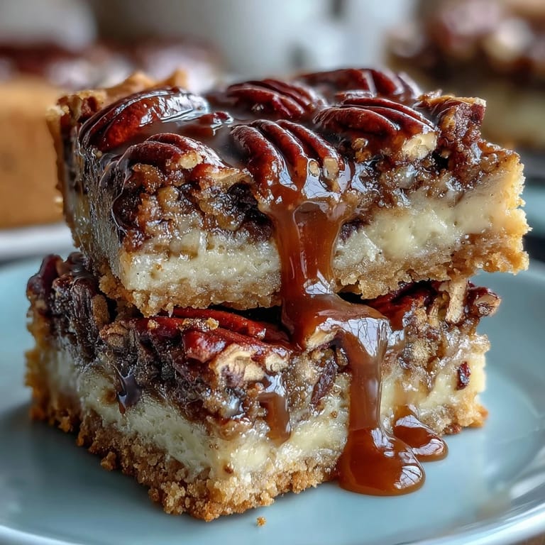 Bourbon-glazed pecan pie bars with a crisp shortbread base, showcasing a gooey, nutty filling and glossy finish.