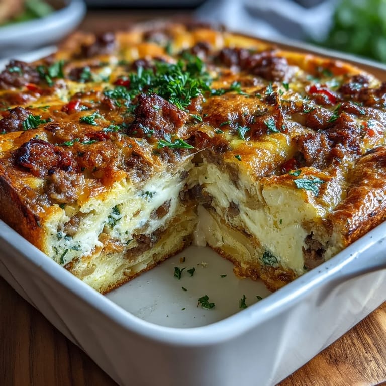 A hearty Amish breakfast casserole with crispy hash browns, savory sausage, and fluffy eggs, perfect for feeding a crowd.