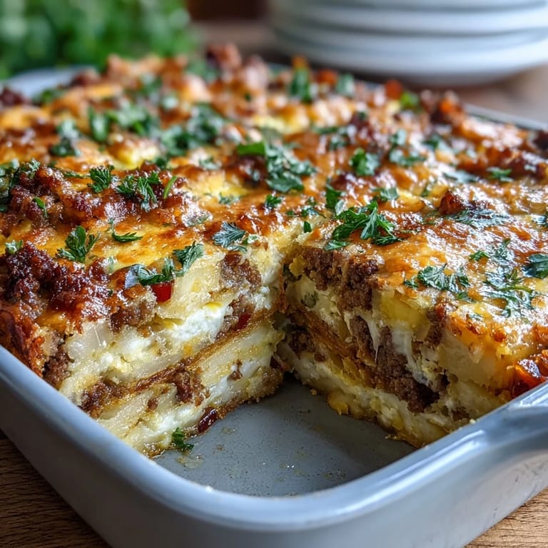 Comforting Amish breakfast casserole loaded with cheesy hash browns, eggs, and sausage, ideal for brunch or make-ahead mornings.
