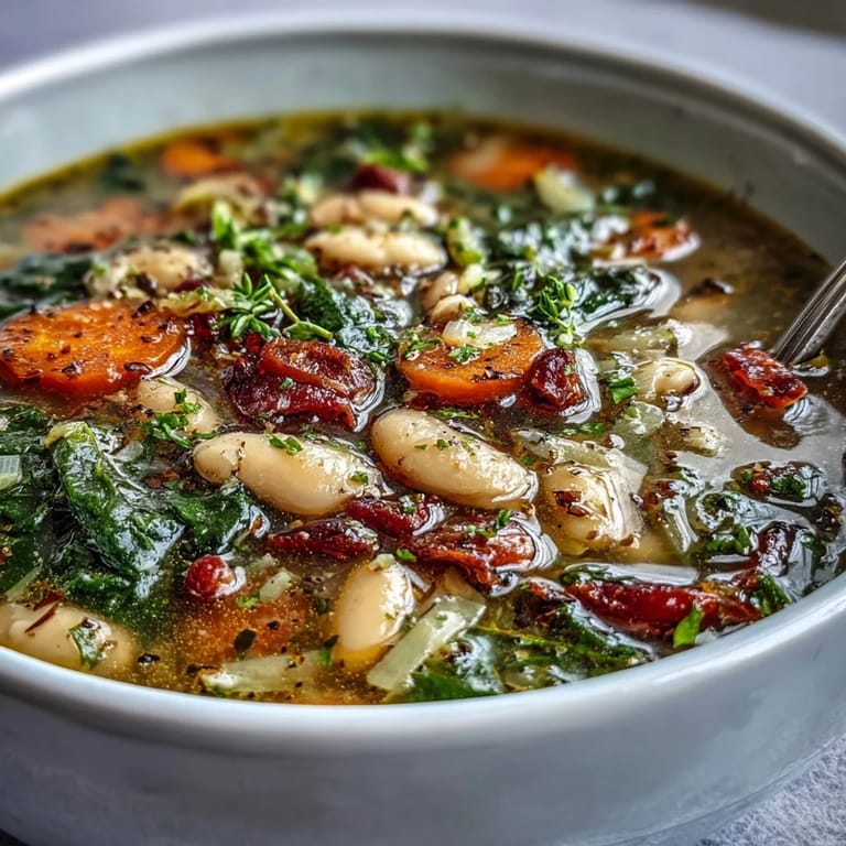Slow cooker Tuscan white bean and spinach soup with vibrant spinach, hearty beans, and aromatic herbs, served hot and comforting.