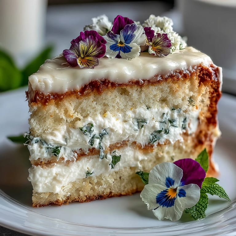 Light and airy sponge cake layered with tangy lemon curd, beautifully decorated with vibrant pressed edible flowers.