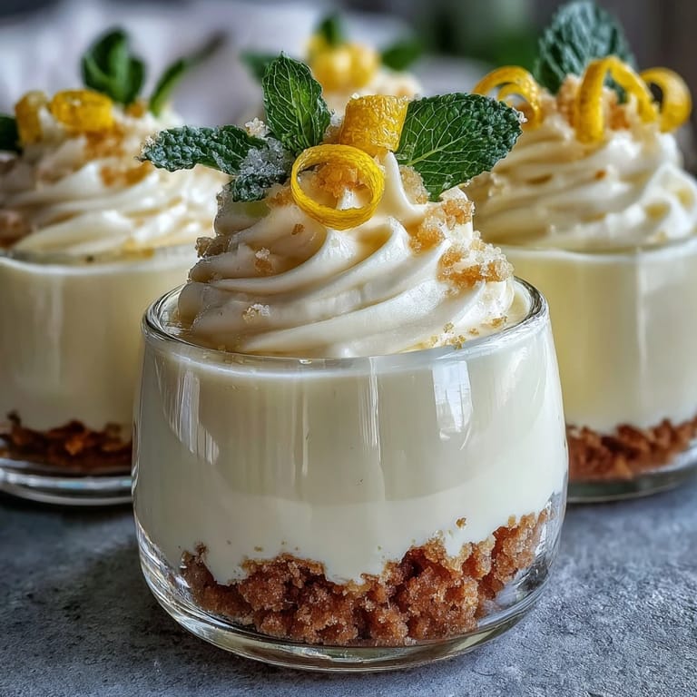 Bright lemon mousse served in glasses alongside golden shortbread cookies, topped with fresh berries for a delightful spring dessert.