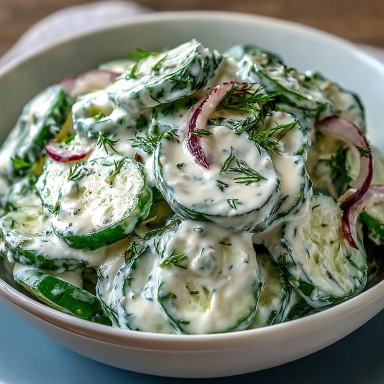 Cool and creamy Cucumber Dill Salad with red onions, ideal as a light vegetarian side dish.