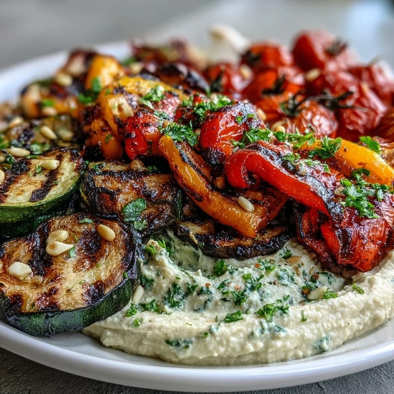 A colorful spread of grilled zucchini, bell peppers, and eggplant paired with smooth hummus makes for an irresistible Mediterranean-inspired appetizer or side.  