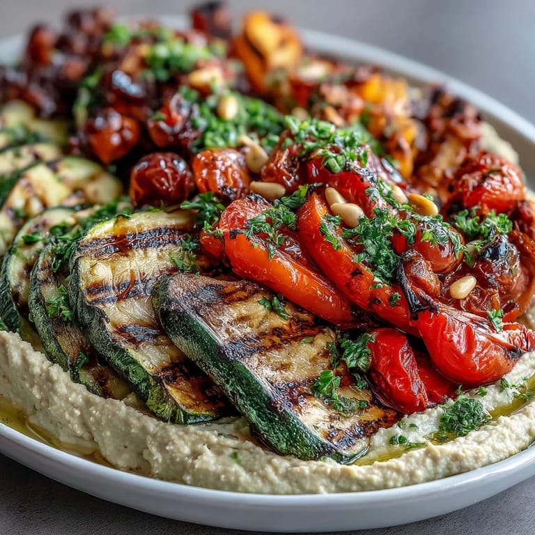 Tender, smoky grilled vegetables are arranged around a bowl of rich hummus, garnished with fresh parsley and pine nuts for a stunning, nutritious platter.