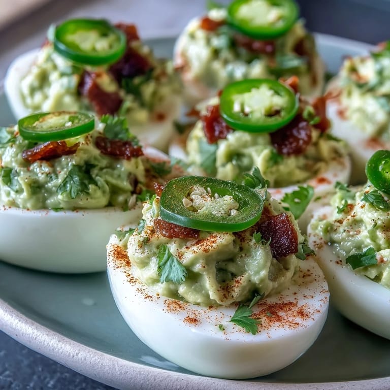 Avocado-filled deviled eggs with a zesty lime kick, garnished with diced tomato and a sprinkle of smoked paprika for added flavor.