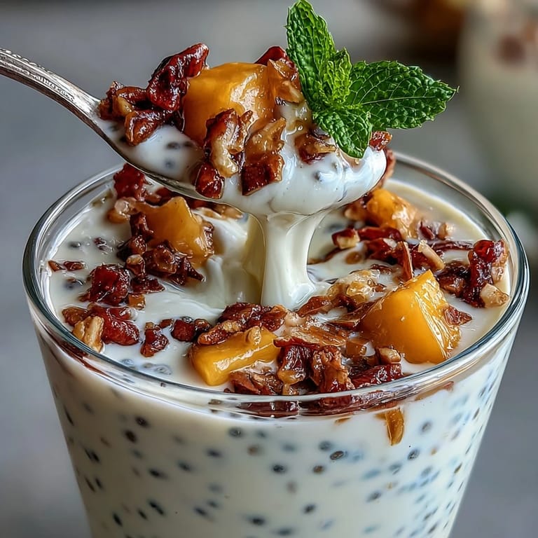 Decadent vegan Mango Chia Pudding, showing layers of creamy pudding and ripe fruit.