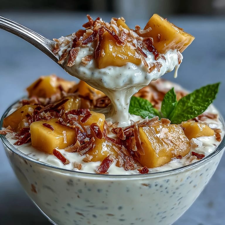 Tropical Mango Chia Pudding, a healthy breakfast topped with juicy diced mango.