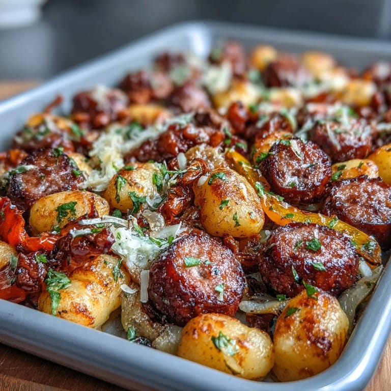 Easy Sheet Pan Gnocchi with Sausage and Peppers, a comforting, colorful weeknight meal.