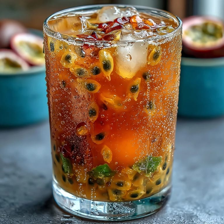 Layered passionfruit, orange, and pineapple juices create a stunning sunrise effect in this refreshing non-alcoholic drink.  