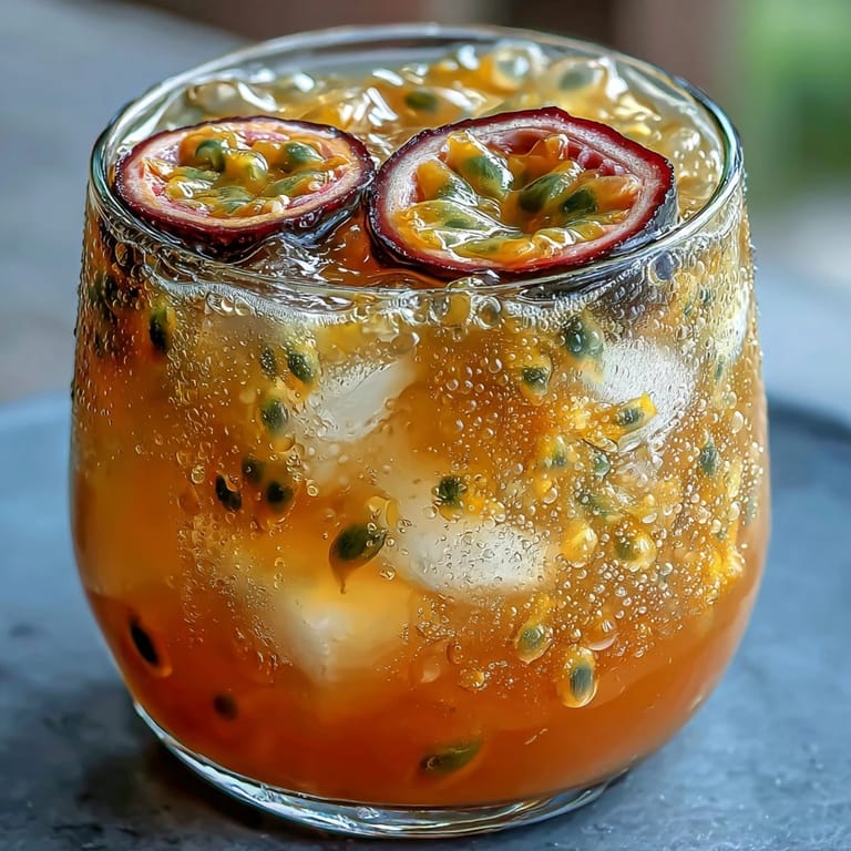 Colorful tropical mocktail featuring passionfruit and orange juice, served over ice with a grenadine sunrise gradient.