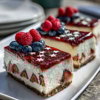 Vibrant no-bake cheesecake decorated as an American flag with fresh berries, perfect for Fourth of July celebrations.