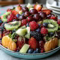 A colorful fruit display with fresh grapes, berries, and edible flowers for a festive grad party table.