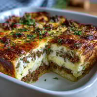 Amish Breakfast Casserole with golden hash browns, eggs, sausage, and melted cheese, baked until bubbly and golden.