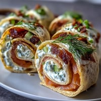 Smoked salmon and cucumber cream cheese pinwheels rolled in soft tortillas, ready to slice for elegant party appetizers.