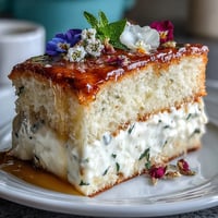 Delicate spring cake with lemon curd filling, adorned with pressed edible flowers for a fresh, floral dessert.