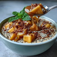 Creamy Mango Chia Pudding with vibrant fresh mango chunks and coconut flakes.